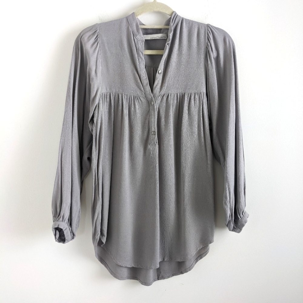 STILLWATER  Grey Poet Henley Blouse S Soft Viscose Loose Fit Puff Sleeve Boho